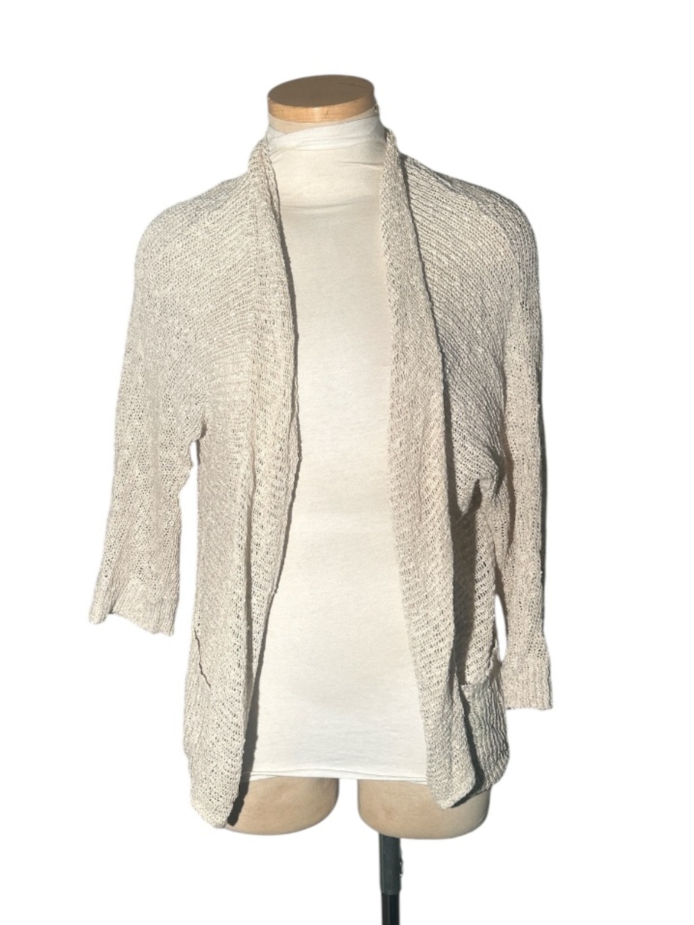Eileen Fisher Linen Blend  Open-Front Cream Knit Cardigan Size Medium